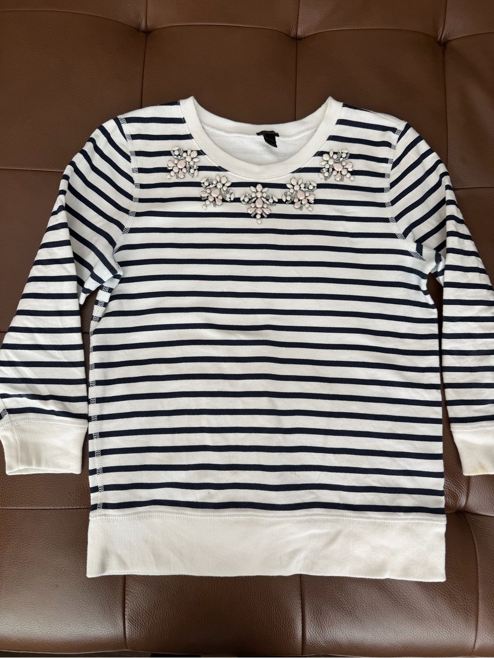 J. Crew White & Navy Striped Crewneck Sweatshirt with Jewel Embellishments